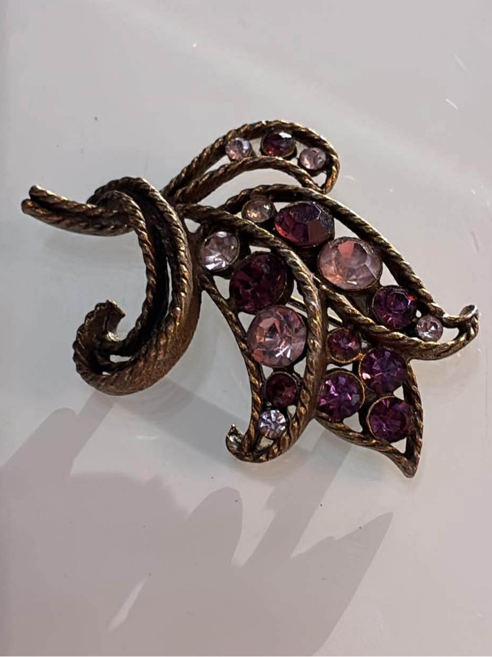 Vintage-Style Purple Crystal Leaf Brooch